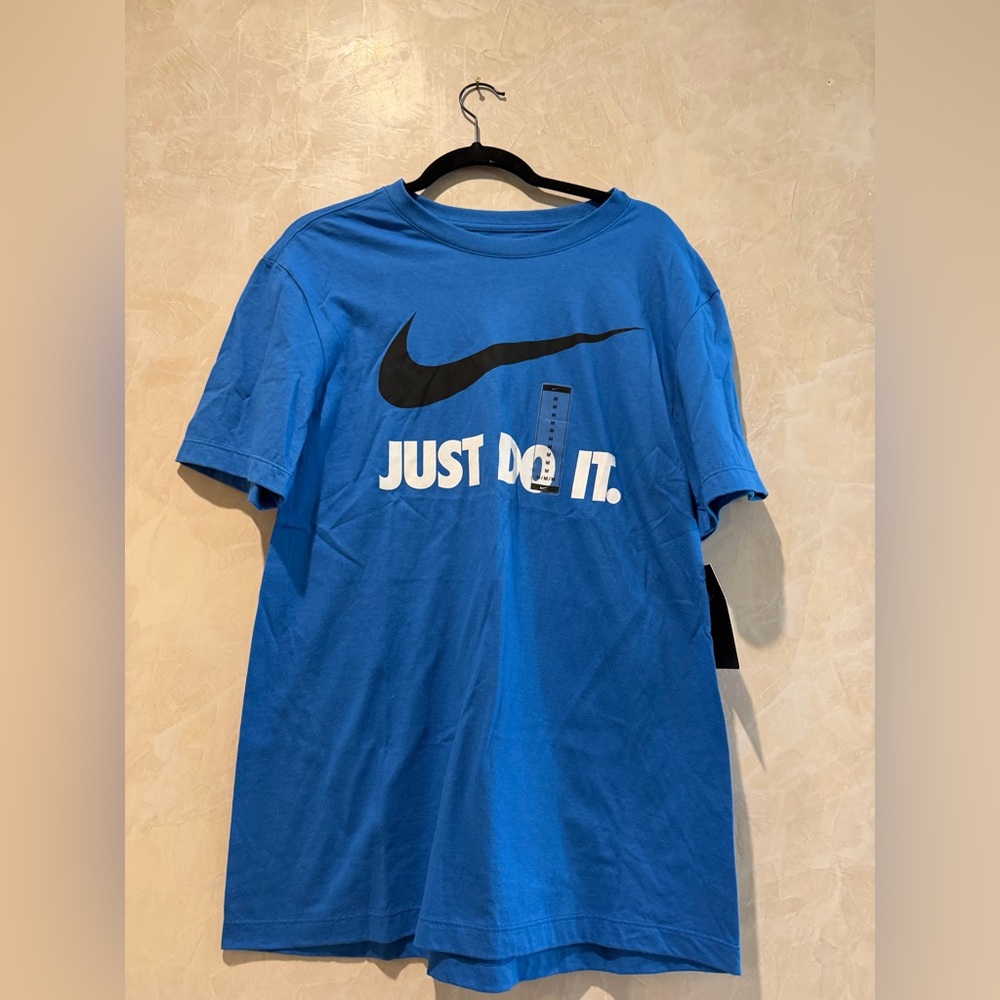 Nike Blue Short-Sleeve Tee with Black Swoosh and White 'Just Do It.' Print Sz M